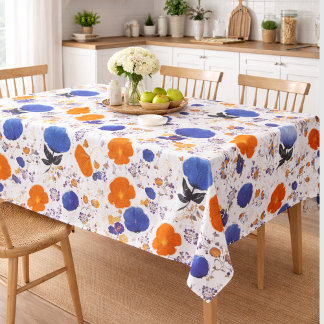 Modern  Botanical Blue & Orange Floral Tablecloth
