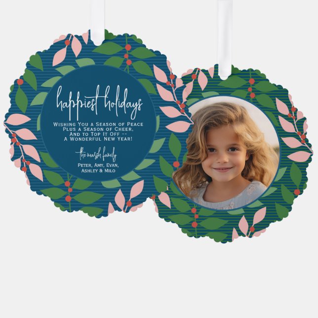 Modern botanical blue - Photo - Happiest Holiday Tree Decoration Card (Front/Back)
