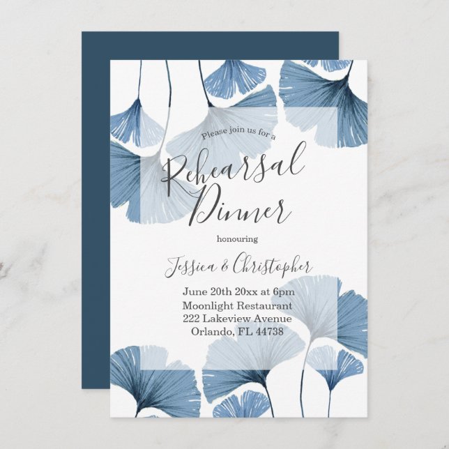 Modern Botanical Blue & White Rehearsal Dinner Invitation (Front/Back)
