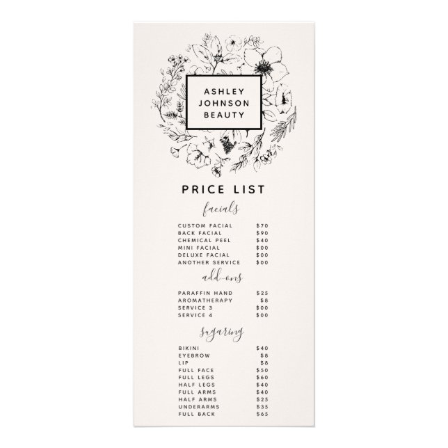 Modern Botanical Blush and Black Price List Rack Card (Front)