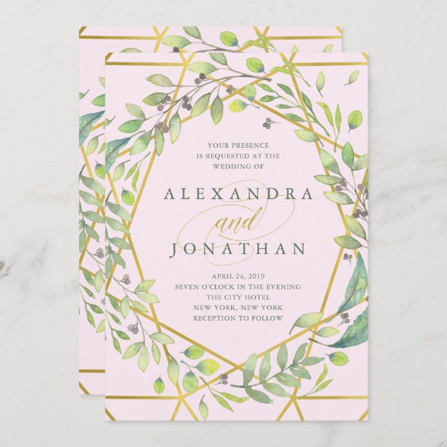 Modern Botanical | Blush and Faux Gold Wedding Invitation (Front/Back)
