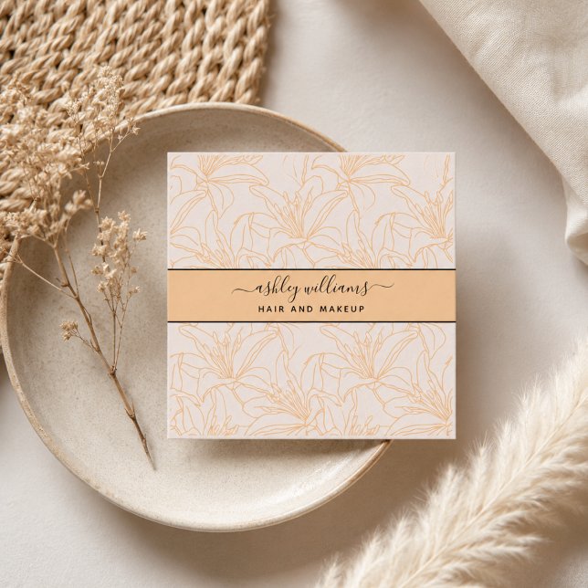 Modern Botanical Blush Black Script Name Square Business Card (Modern Botanical Blush Black Script Name Square Business Card)