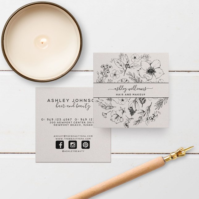 Modern Botanical Blush Black Script Name Square Business Card (Creator Uploaded)