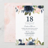 Modern Botanical Blush & Navy Floral 18th Birthday