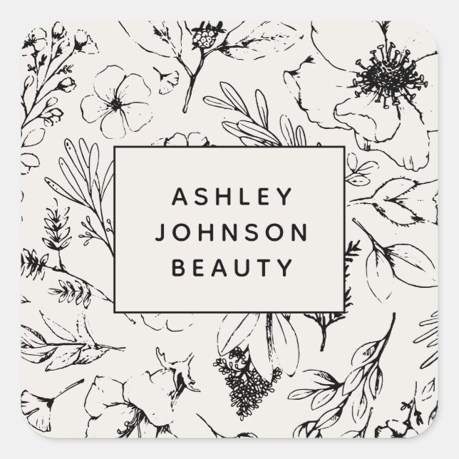 Modern Botanical Blush Pink and Black Floral Square Sticker (Front)
