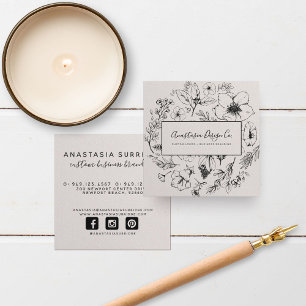 Modern Botanical Blush Pink & Black Script Square Square Business Card