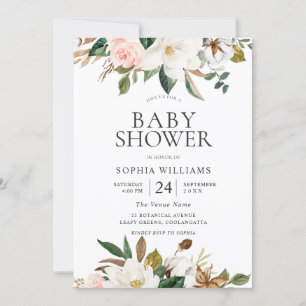 Modern Botanical Blush & White Floral Baby Shower Invitation