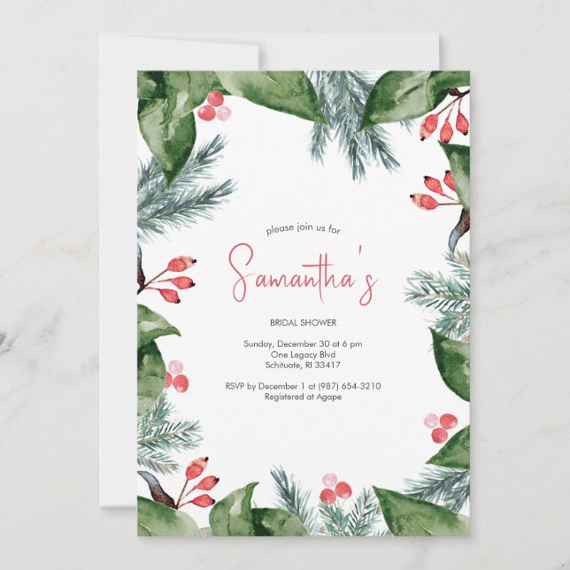 Modern Botanical Boarder Christmas Bridal Shower I Invitation (Front)