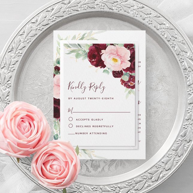 Modern Botanical Burgundy Floral Wedding RSVP Card (Creator Uploaded)