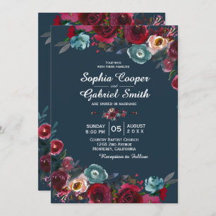 Modern Botanical Burgundy Navy Floral Wedding Invitation