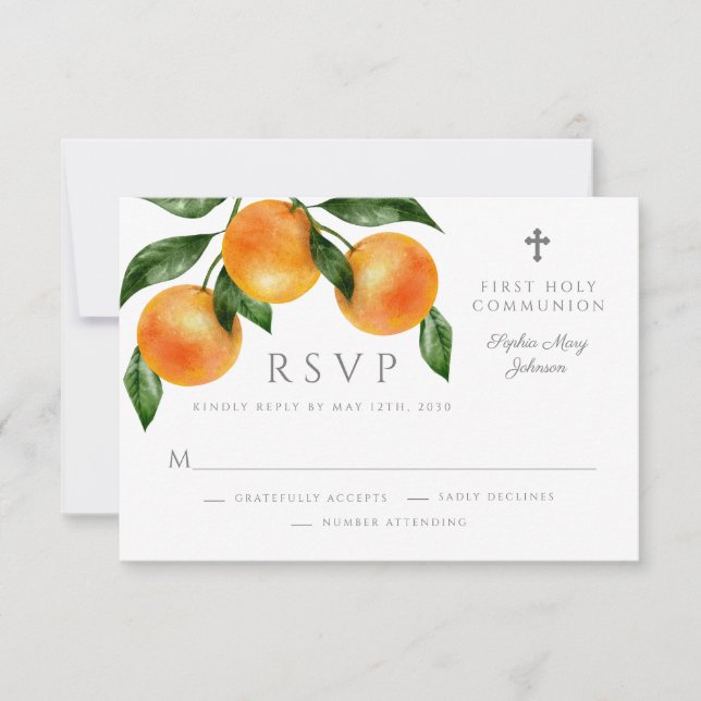 Modern Botanical Citrus Religious First Communion RSVP Card (Front)