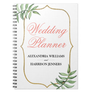 Modern Botanical Coral Green Gold Wedding Planner Notebook