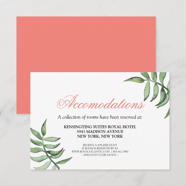 Modern Botanical Coral Green Wedding Accomodations Enclosure Card (Front/Back)
