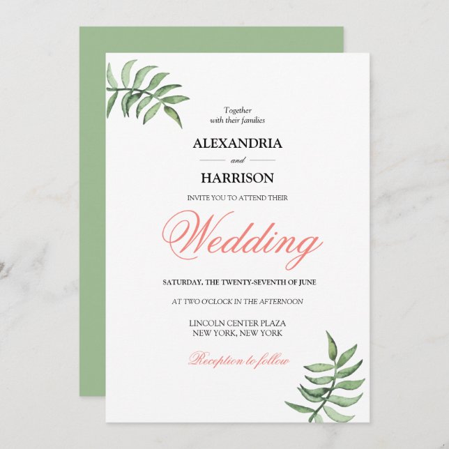 Modern Botanical Coral Green Wedding Invitation (Front/Back)