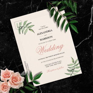 Modern Botanical Coral Green Wedding Invitation Postcard