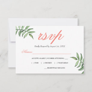 Modern Botanical Coral Green Wedding RSVP Card
