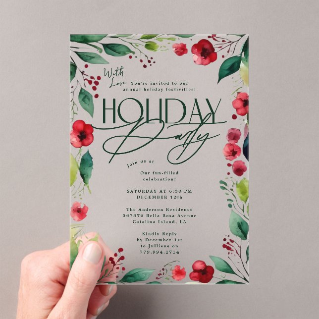 Modern Botanical Custom Christmas Holiday Party Acrylic Invitations (Insitu (Handheld))