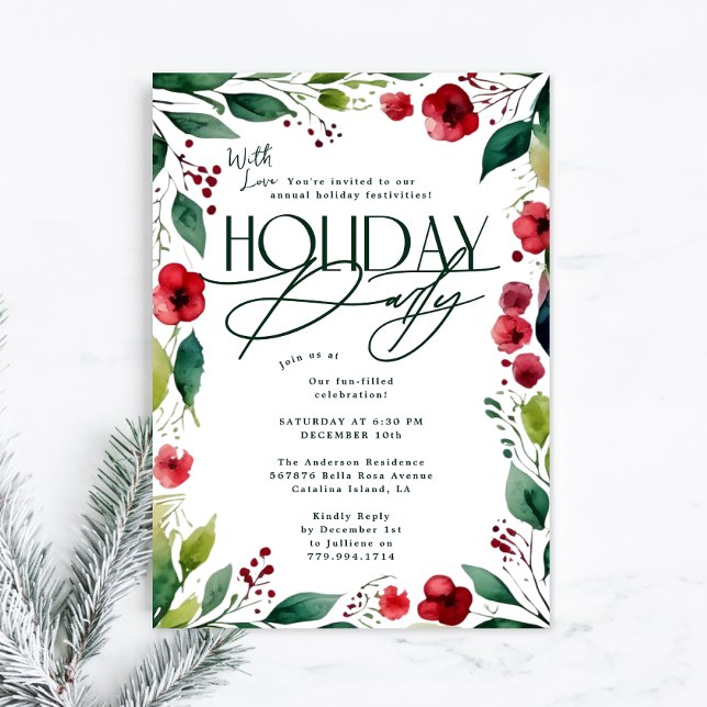 Modern Botanical Custom Christmas Holiday Party Invitation (Creator Uploaded)