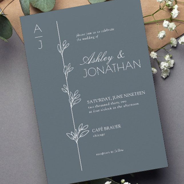 Modern Botanical Divider Dusty Blue Wedding Invitation (Creator Uploaded)