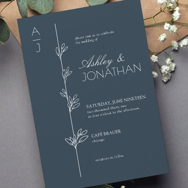 Modern Botanical Divider Navy Blue Wedding Invitation (Creator Uploaded)