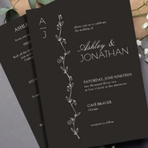 Modern Botanical Divider Wedding Black All-in-One Invitation