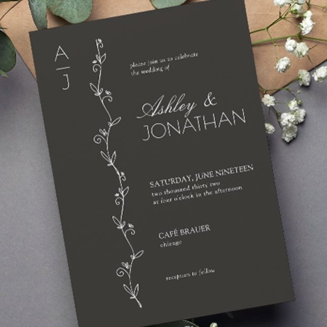 Modern Botanical Divider Wedding Black Invitation (Creator Uploaded)