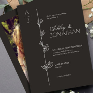 Modern Botanical Divider Wedding Black Photo Invitation