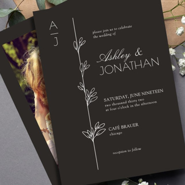 Modern Botanical Divider Wedding Black Photo Invitation (Creator Uploaded)