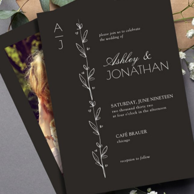 Modern Botanical Divider Wedding Black Photo Invitation (Creator Uploaded)