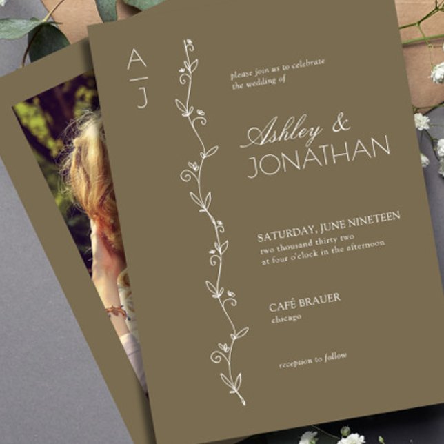 Modern Botanical Divider Wedding Brown Photo Invitation (Creator Uploaded)