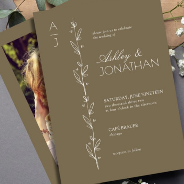 Modern Botanical Divider Wedding Brown Photo Invitation (Creator Uploaded)