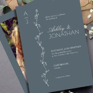 Modern Botanical Divider Wedding Dusty Blue Photo Invitation
