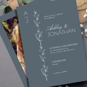 Modern Botanical Divider Wedding Dusty Blue Photo Invitation