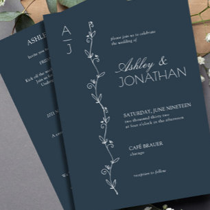 Modern Botanical Divider Wedding Navy All-in-One Invitation