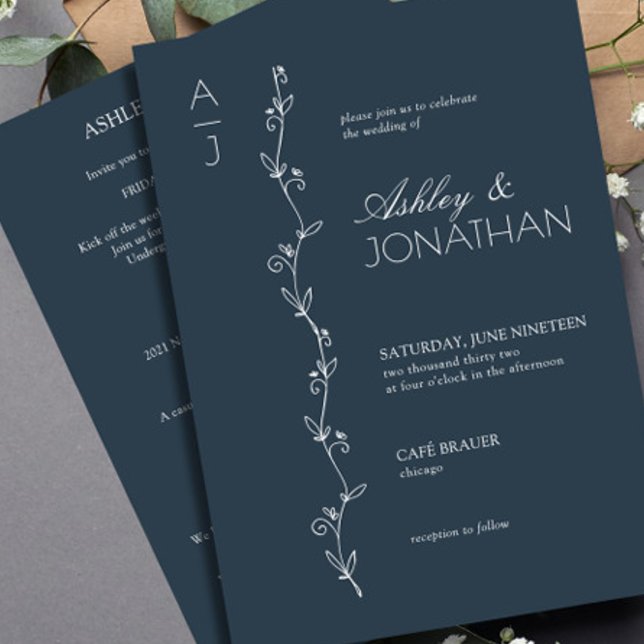 Modern Botanical Divider Wedding Navy All-in-One Invitation (Creator Uploaded)