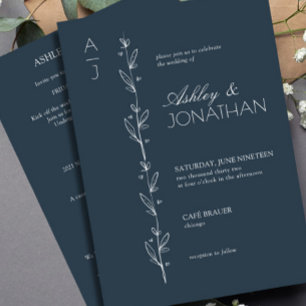 Modern Botanical Divider Wedding Navy All-in-One Invitation