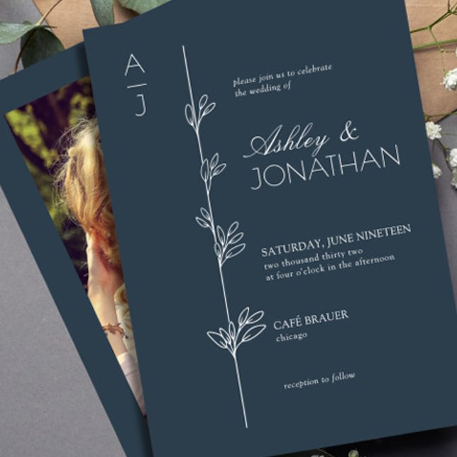 Modern Botanical Divider Wedding Navy Blue Photo Invitation (Creator Uploaded)