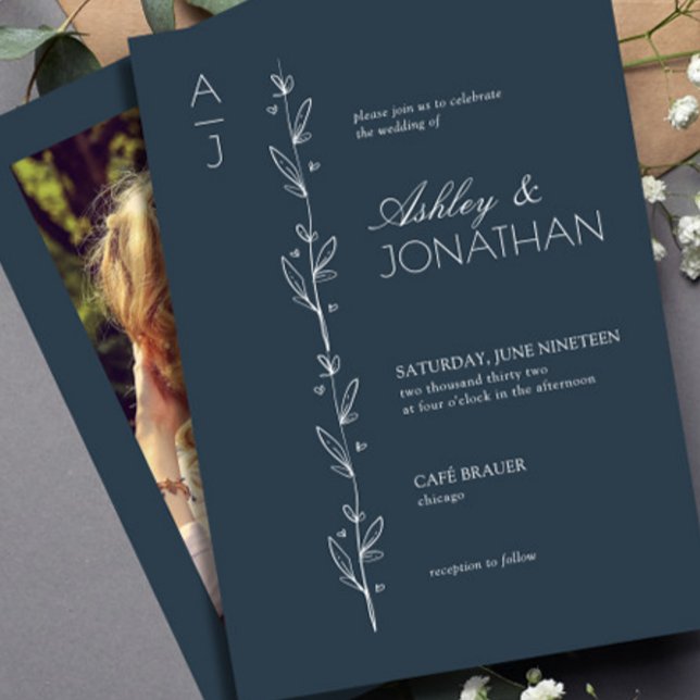 Modern Botanical Divider Wedding Navy Blue Photo Invitation (Creator Uploaded)