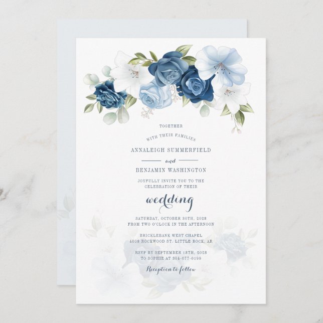 Modern Botanical Dusty Blue Floral Script Wedding Invitation (Front/Back)