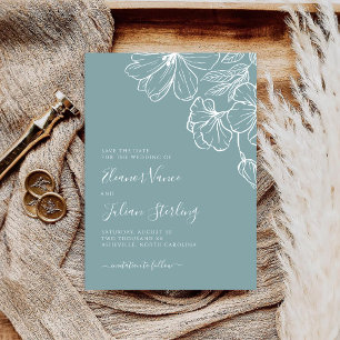 Modern Botanical Dusty Blue & White Line Art Save The Date