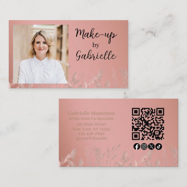 Modern Botanical Dusty Rose Boho Photo QR Code   Business Card (Front/Back)