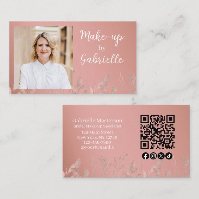 Modern Botanical Dusty Rose Boho Photo QR Code   Business Card (Front/Back)