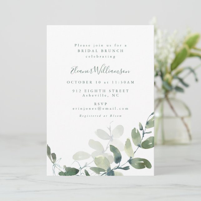 Modern Botanical Eucalyptus Boho Bridal Brunch Invitation (Standing Front)