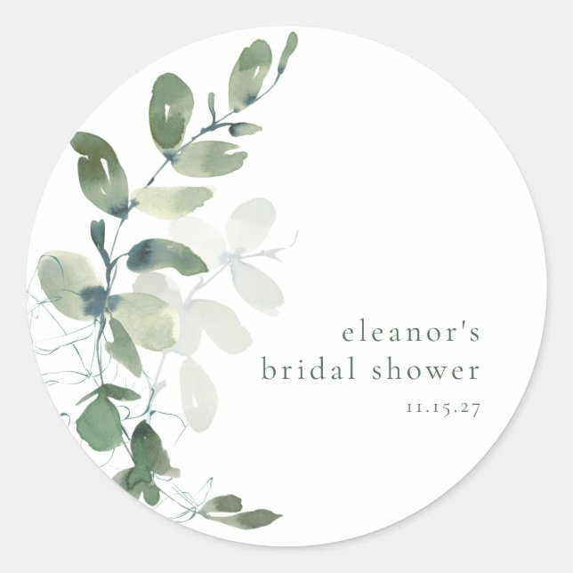 Modern Botanical Eucalyptus Custom Bridal Shower  Classic Round Sticker (Front)