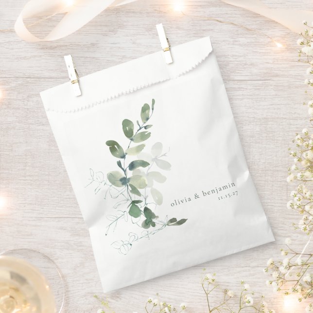Modern Botanical Eucalyptus Custom Wedding Name  Favour Bags (Clipped)