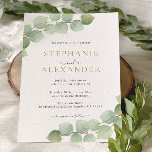 Modern Botanical Eucalyptus Greenery Gold Wedding Invitation