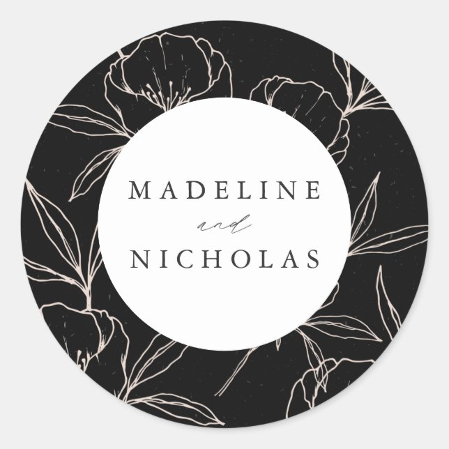 Modern Botanical Floral Black & Cream Wedding Classic Round Sticker (Front)