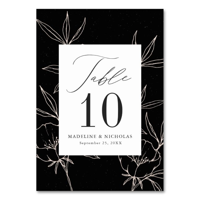 Modern Botanical Floral Black & Cream Wedding Table Number (Front)