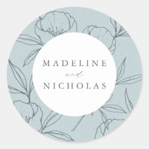 Modern Botanical Floral Blue & Slate Navy Wedding Classic Round Sticker