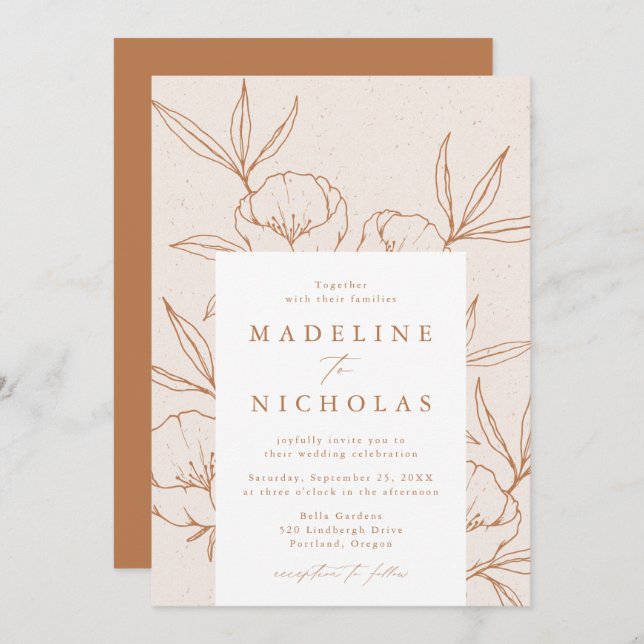Modern Botanical Floral Cream & Terracotta Wedding Invitation (Front/Back)
